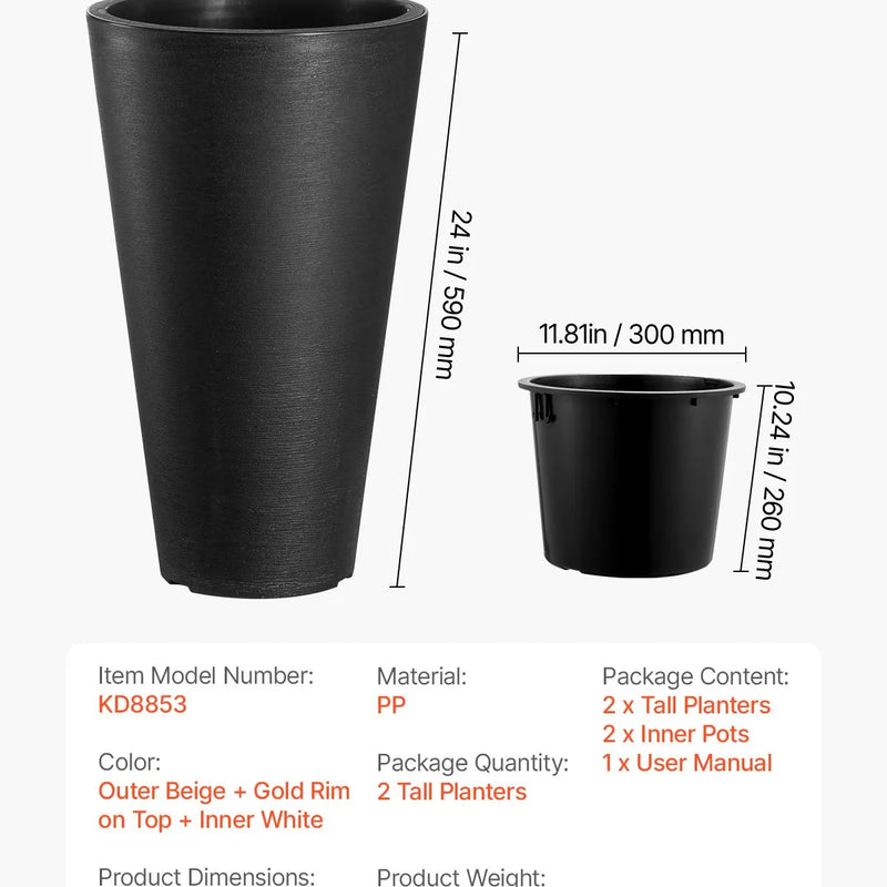 Augsti stādītāji, komplekts ar 2 apaļiem konusveida stādītājiem, 61 cm, piemēroti āra un iekštelpu lietošanai