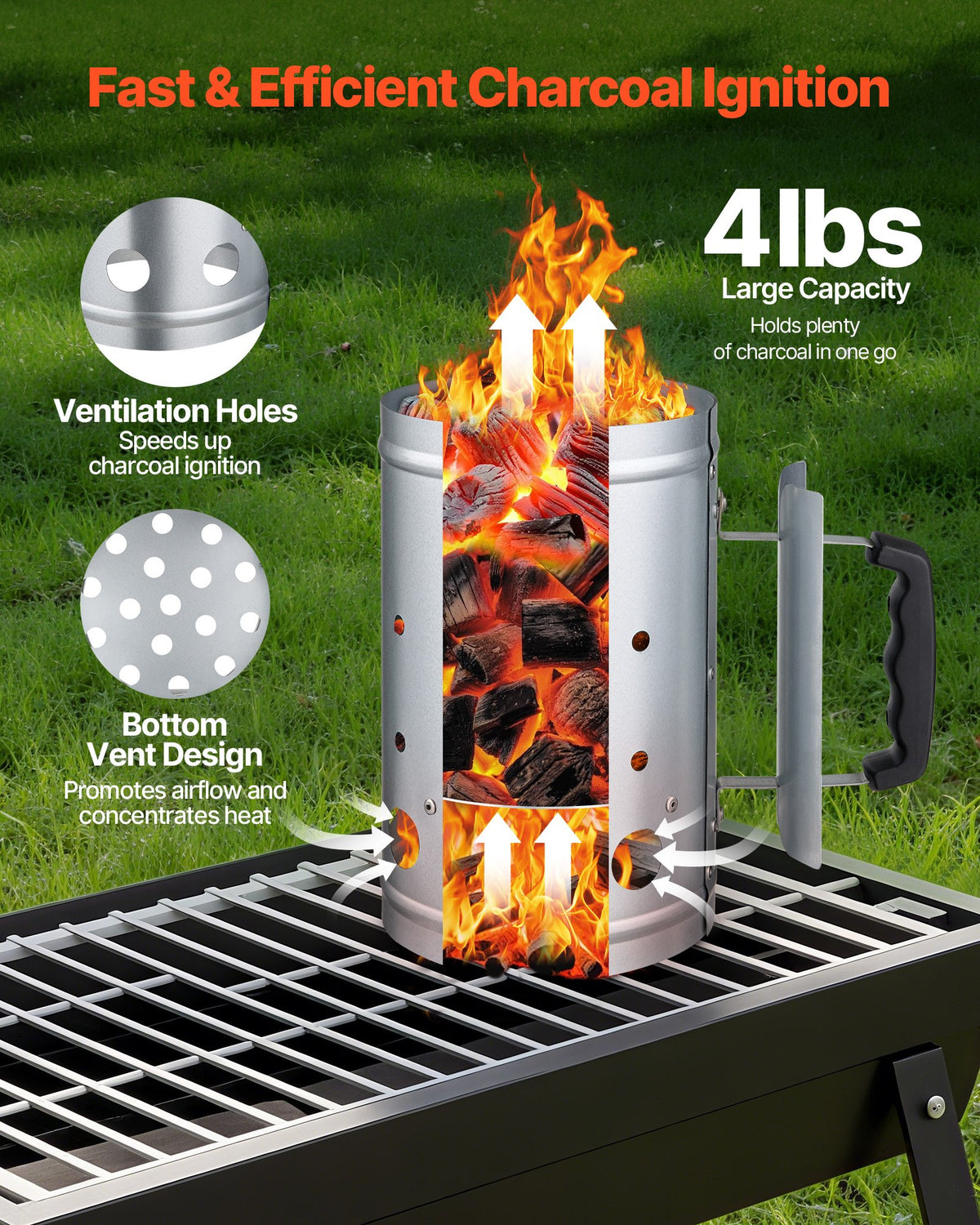 VEVOR Charcoal Chimney Starter, 1.8 kg Capacity, Heavy-Duty Steel Construction, Suitable for Grills and Barbecues, Compact Portable Igniter, Silver
