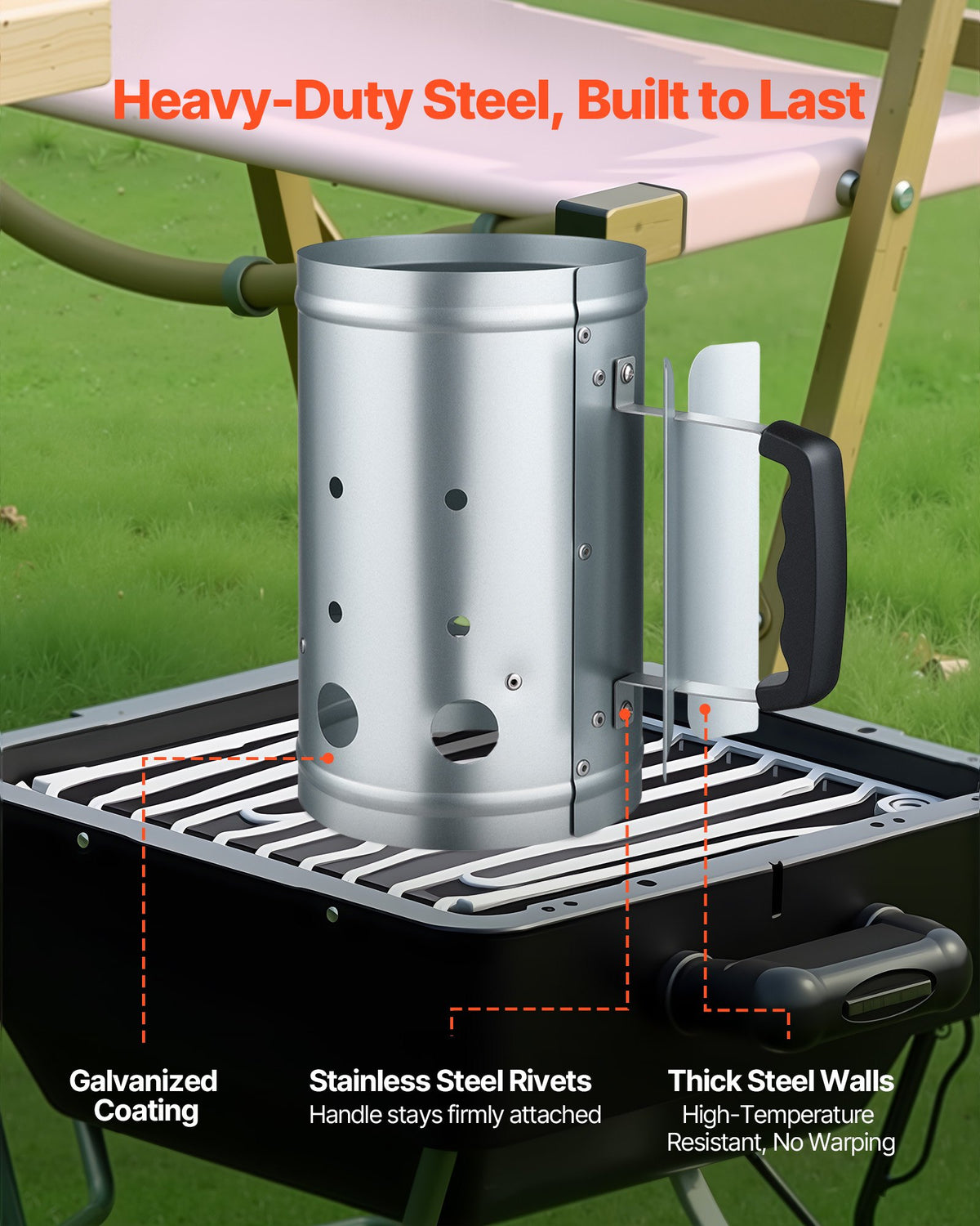 VEVOR Charcoal Chimney Starter, 1.8 kg Capacity, Heavy-Duty Steel Construction, Suitable for Grills and Barbecues, Compact Portable Igniter, Silver