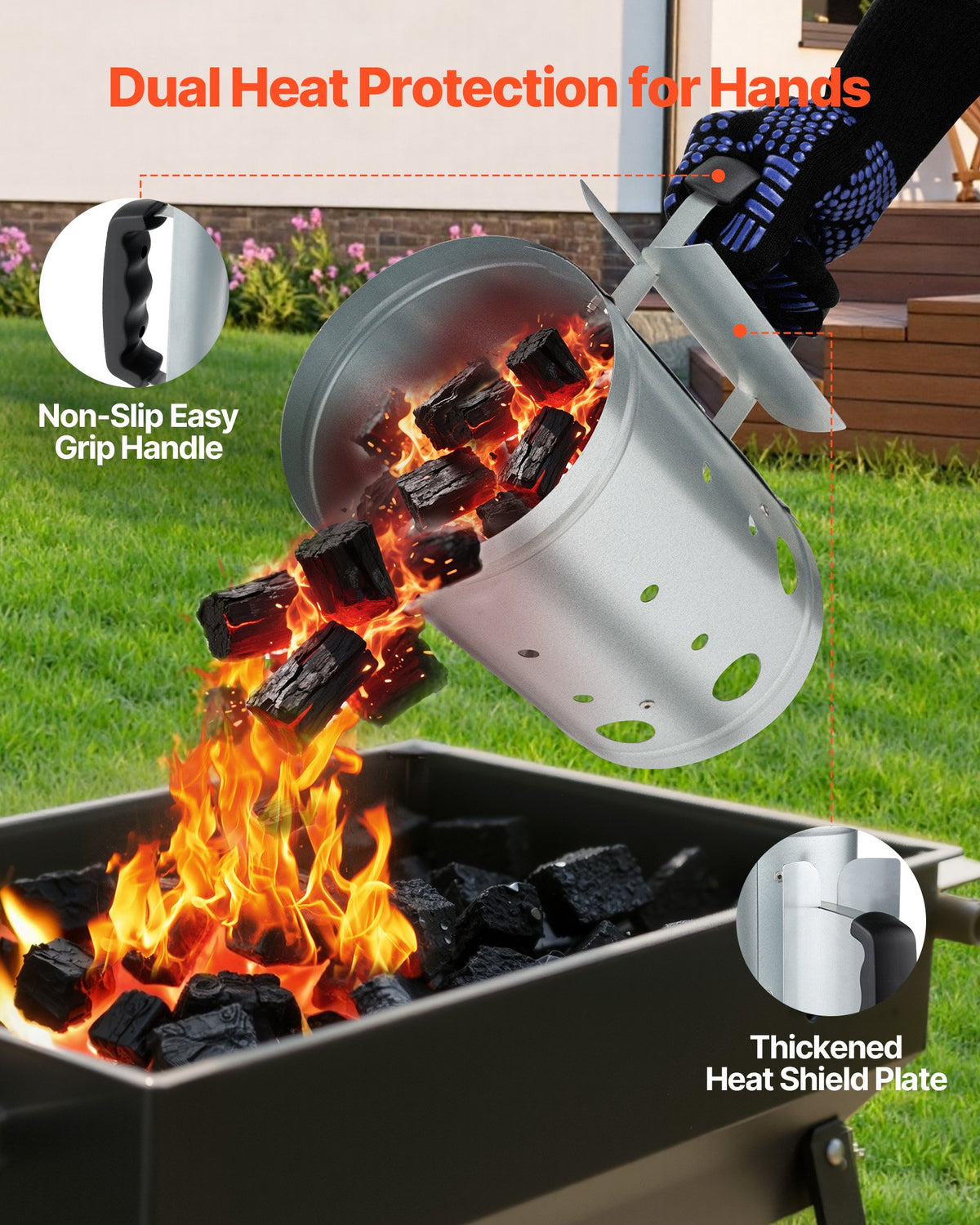 VEVOR Charcoal Chimney Starter, 1.8 kg Capacity, Heavy-Duty Steel Construction, Suitable for Grills and Barbecues, Compact Portable Igniter, Silver