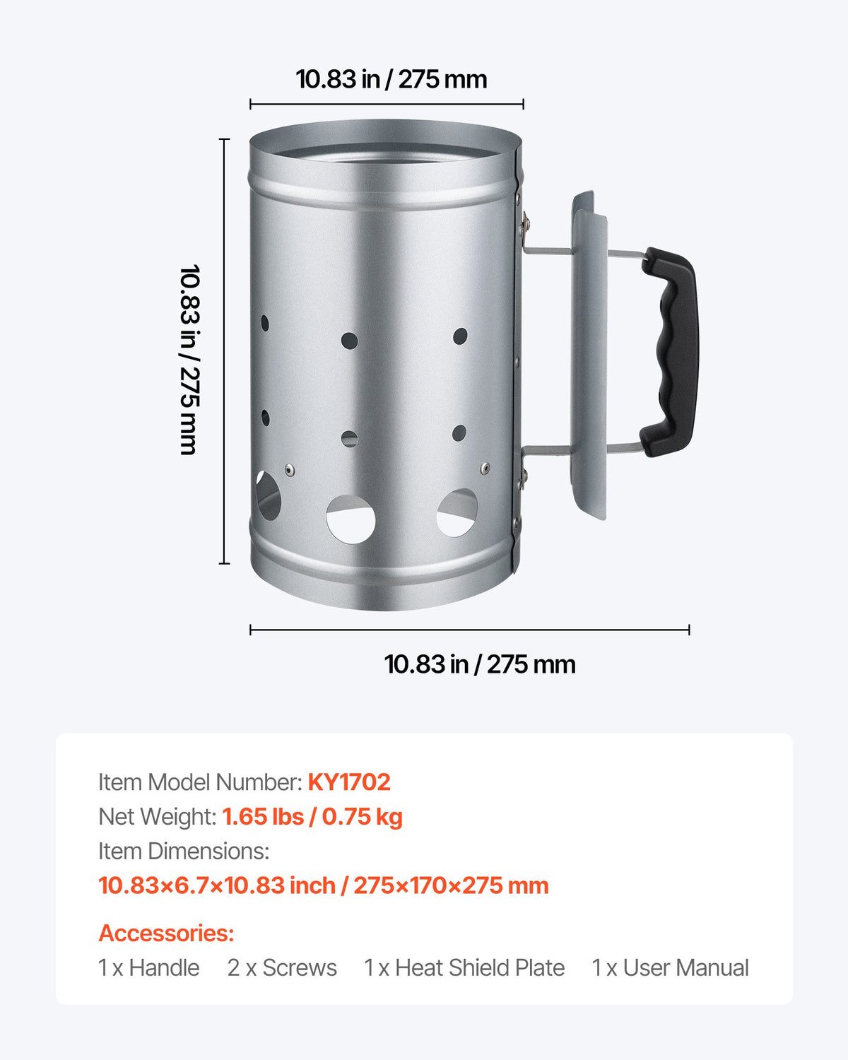 VEVOR Charcoal Chimney Starter, 1.8 kg Capacity, Heavy-Duty Steel Construction, Suitable for Grills and Barbecues, Compact Portable Igniter, Silver