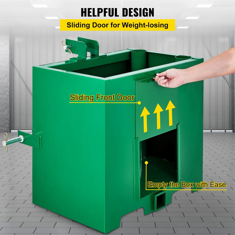 3 punktu balasta kaste, kravnesība 363 kg, standarta 50 mm sakabes uztvērējs, traktora balasta kaste ar 0,14 m³ tilpumu, izgatavota no izturīga tērauda, piemērota 1. kategorijas traktoru uzkabēm, zaļa