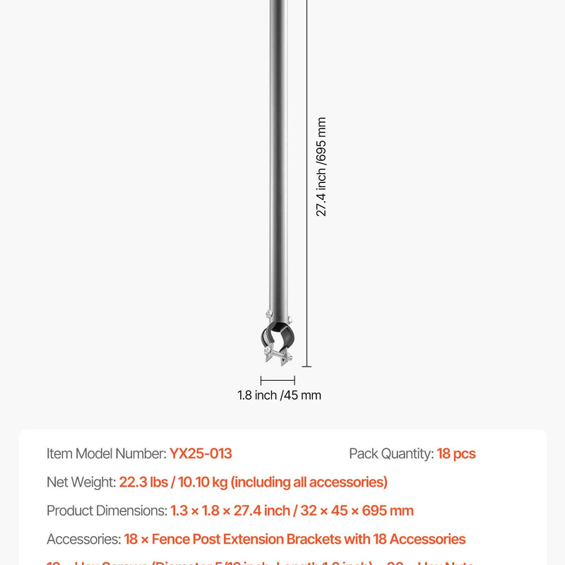 Posmu žoga pagarinātāji, 18 gab., 69,5 cm, augšējai sliedei 33-38 mm, U veida kronšteins