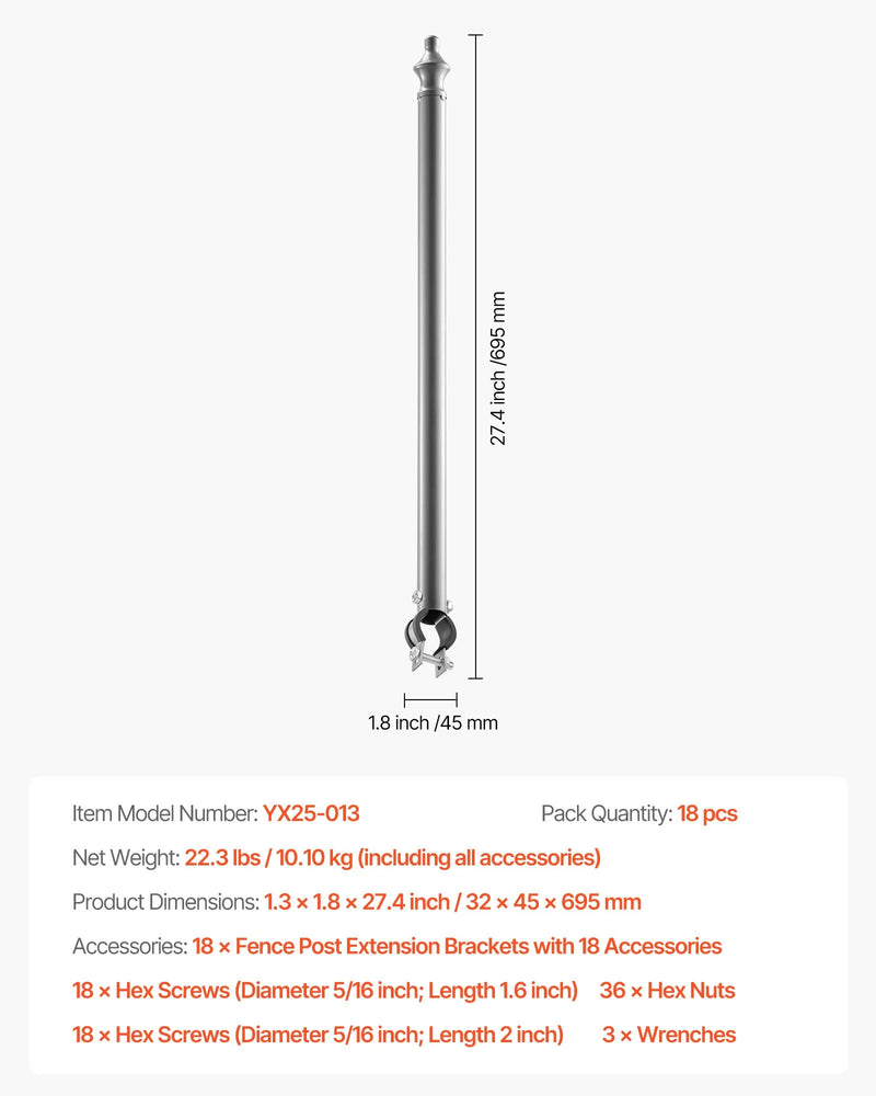Posmu žoga pagarinātāji, 18 gab., 69,5 cm, augšējai sliedei 33–38 mm, U veida kronšteins