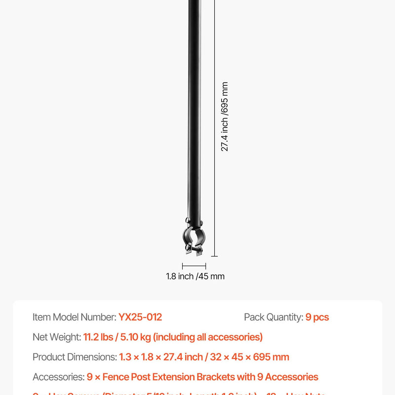 Posmu žoga pagarinātāji, 9 gab., 69,5 cm, augšējai sliedei 33-38 mm, U veida kronšteins