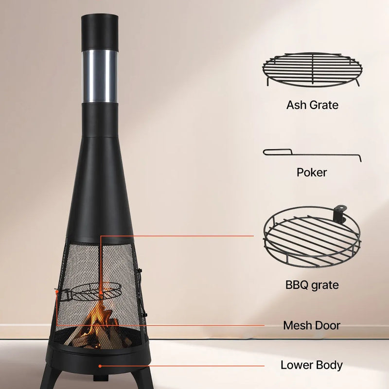 VEVOR čimineja, 51 cm āra malkas ugunskura kamīns, konusveida dizains grilēšanai un sildīšanai, ar grila resti, skursteņa pārvalku un rūsas izturīgu vāku, terasei, dārzam un pagalmam
