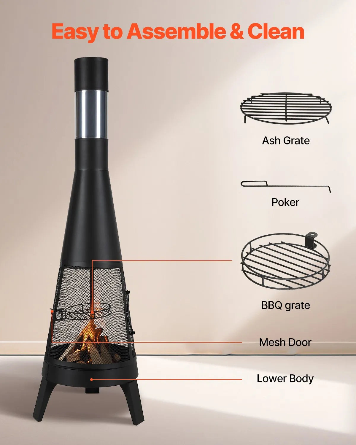 VEVOR Chimney, 51 cm Outdoor Wood Burning Fire Pit, Conical Design Grill and Heater, with Grill Grate, Chimney Cover and Rust-Resistant Lid, for Terrace, Garden and Patio