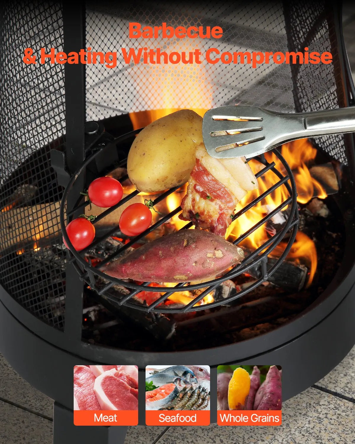 VEVOR Chimney, 51 cm Outdoor Wood Burning Fire Pit, Conical Design Grill and Heater, with Grill Grate, Chimney Cover and Rust-Resistant Lid, for Terrace, Garden and Patio