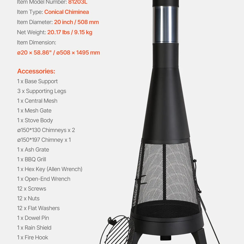 VEVOR čimineja, 51 cm āra malkas ugunskura kamīns, konusveida dizains grilēšanai un sildīšanai, ar grila resti, skursteņa pārvalku un rūsas izturīgu vāku, terasei, dārzam un pagalmam