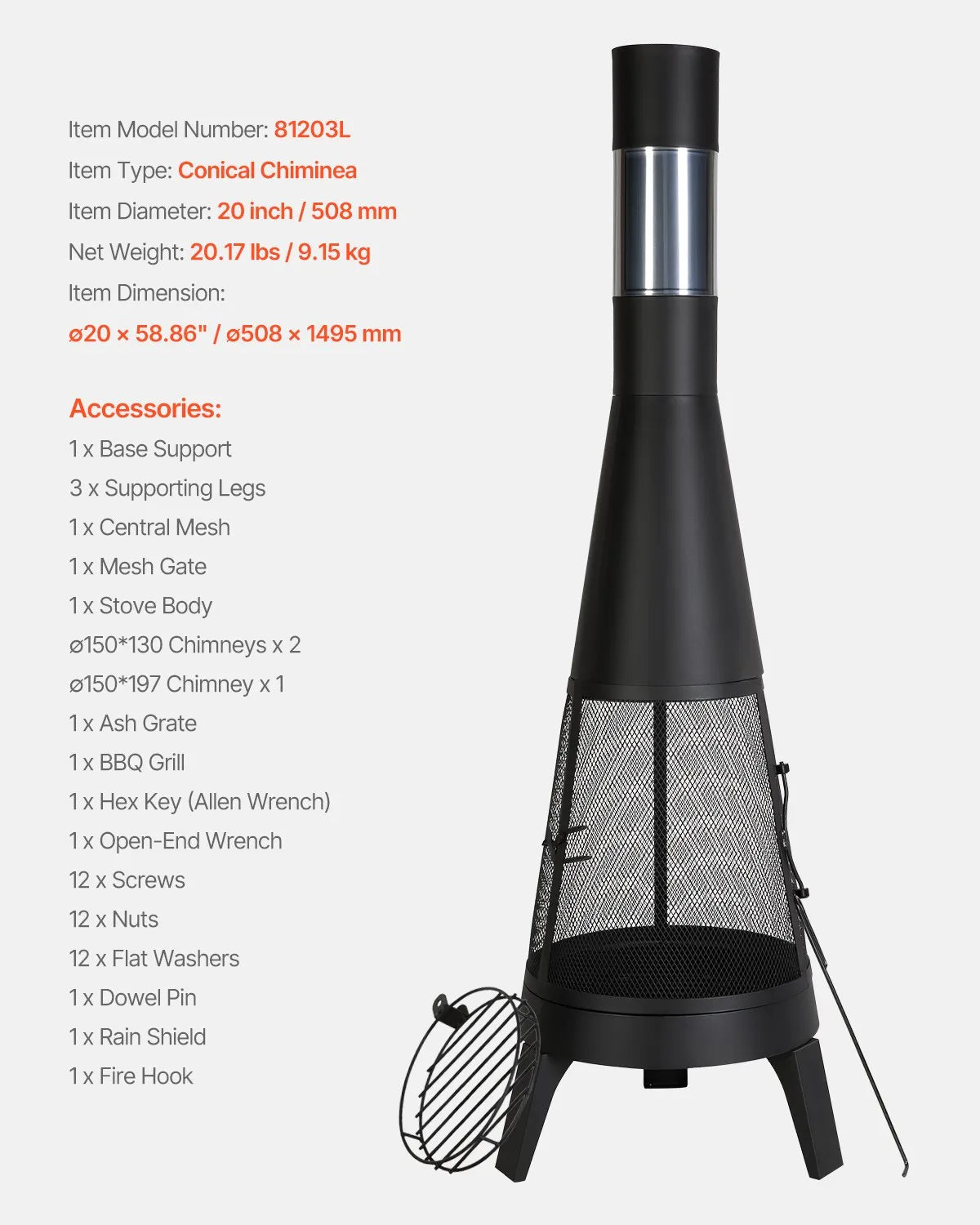 VEVOR Chimney, 51 cm Outdoor Wood Burning Fire Pit, Conical Design Grill and Heater, with Grill Grate, Chimney Cover and Rust-Resistant Lid, for Terrace, Garden and Patio