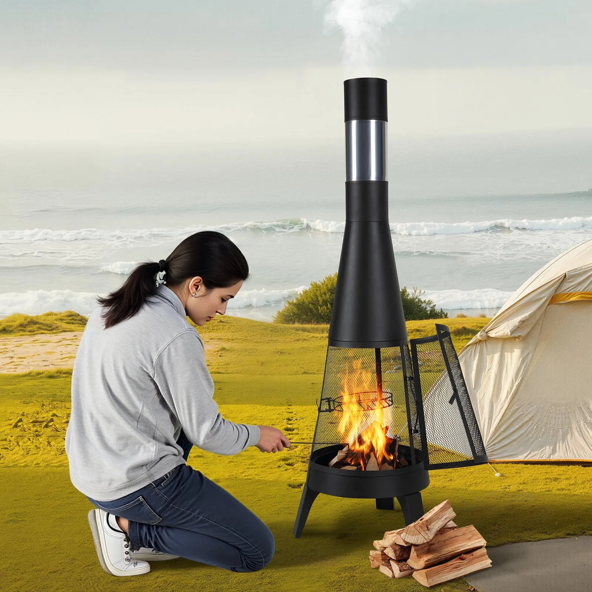 VEVOR Chimney, 51 cm Outdoor Wood Burning Fire Pit, Conical Design Grill and Heater, with Grill Grate, Chimney Cover and Rust-Resistant Lid, for Terrace, Garden and Patio