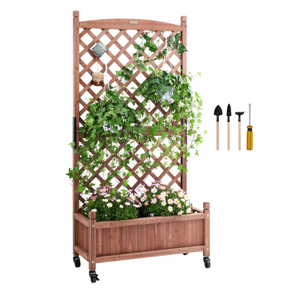 Paaugstinātā koka dobe ar režģi, 76 × 33 × 156 cm, ar drenāžas caurumiem, brīvi stāvoša stādīšanas kaste vīteņaugiem un ziediem dārzam, terasei, balkonam