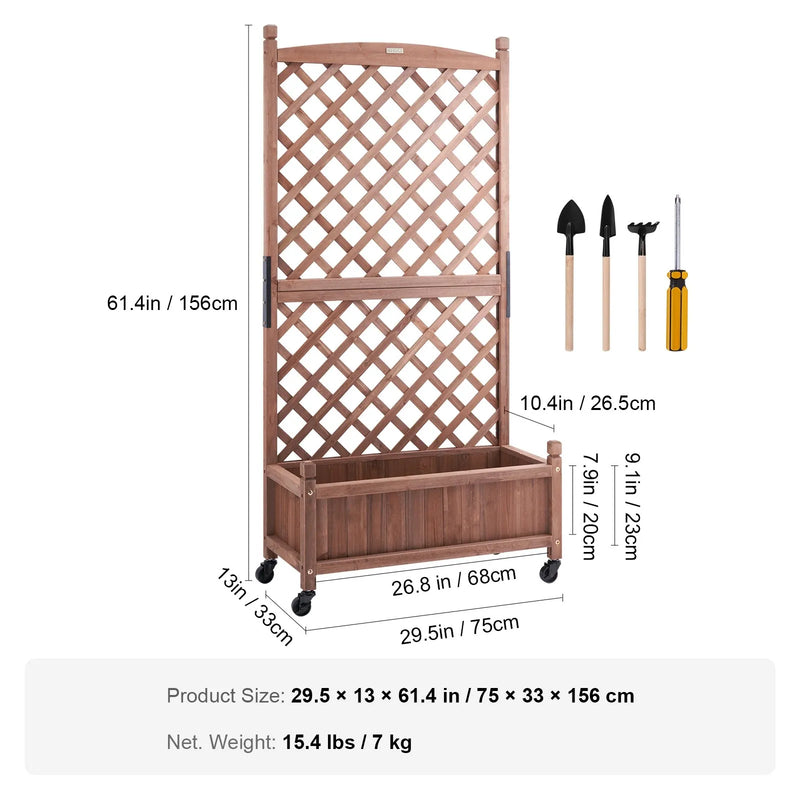 Paaugstinātā koka dobe ar režģi, 76 × 33 × 156 cm, ar drenāžas caurumiem, brīvi stāvoša stādīšanas kaste vīteņaugiem un ziediem dārzam, terasei, balkonam
