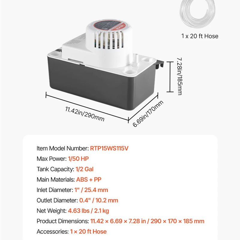 VEVOR kondensāta novadīšanas sūknis 1/50 ZS ar plūsmas ātrumu 246 l/h un pacēluma augstumu 4,57 m, 1,9 l tvertne ar pludiņa slēdzi un 6,1 m šļūteni, paredzēts kondicionieriem, gaisa sausinātājiem, krāsnīm un ledus ģeneratoriem