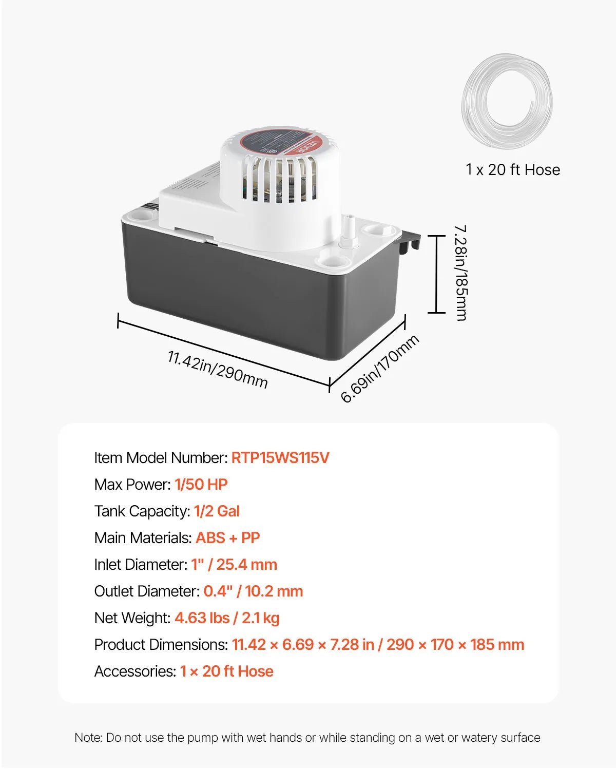 VEVOR kondensāta novadīšanas sūknis 1/50 ZS ar plūsmas ātrumu 246 l/h un pacēluma augstumu 4,57 m, 1,9 l tvertne ar pludiņa slēdzi un 6,1 m šļūteni, paredzēts kondicionieriem, gaisa sausinātājiem, krāsnīm un ledus ģeneratoriem - ZEMLETES.LV