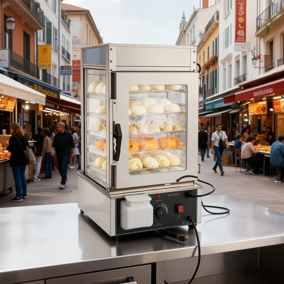 VEVOR komerciālā pārtikas sildīšanas vitrīna 5 līmeņi 120 l ar LED apgaismojumu un regulējamu plauktu, 1200 W tvaika sildīšana 30–110 ℃ hamburgeriem, picai un uzkodām - ZEMLETES.LV
