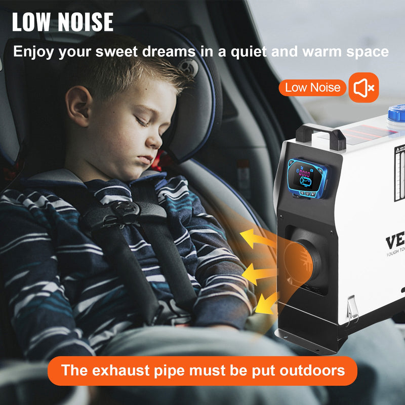 VEVOR 8KW dīzeļa gaisa sildītājs, 12V, viengabala stāvvvietas sildītājs ar vienu gaisa izplūdes atveri, sarkanu LCD slēdzi, tālvadības pulti un ātru uzsildīšanu, piemērots automašīnām, RV, kravas automašīnām, laivām, kemperiem un piekabēm.