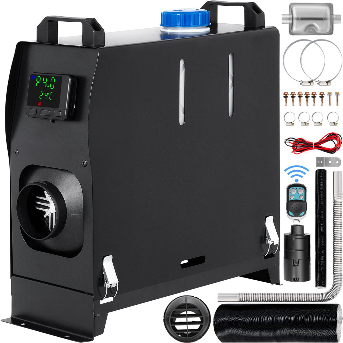 VEVOR 8KW dīzeļa gaisa sildītājs, 12V, viengabala stāvvvietas sildītājs ar vienu izplūdes atveri, melnu LCD slēdzi un ātru uzsildīšanu, piemērots RV, kravas automašīnām, laivām, autobusiem, automašīnām, piekabēm un kemperiem.