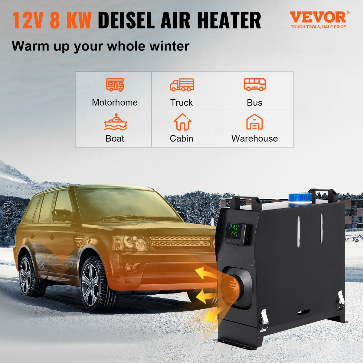 VEVOR 8KW dīzeļa gaisa sildītājs, 12V, viengabala stāvvvietas sildītājs ar vienu izplūdes atveri, melnu LCD slēdzi un ātru uzsildīšanu, piemērots RV, kravas automašīnām, laivām, autobusiem, automašīnām, piekabēm un kemperiem.