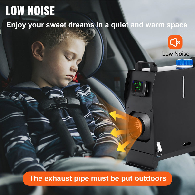 VEVOR 8KW dīzeļa gaisa sildītājs, 12V, viengabala stāvvietas sildītājs ar vienu izplūdes atveri, melnu LCD slēdzi un ātru uzsildīšanu, piemērots RV, kravas automašīnām, laivām, autobusiem, automašīnām, piekabēm un kemperiem.