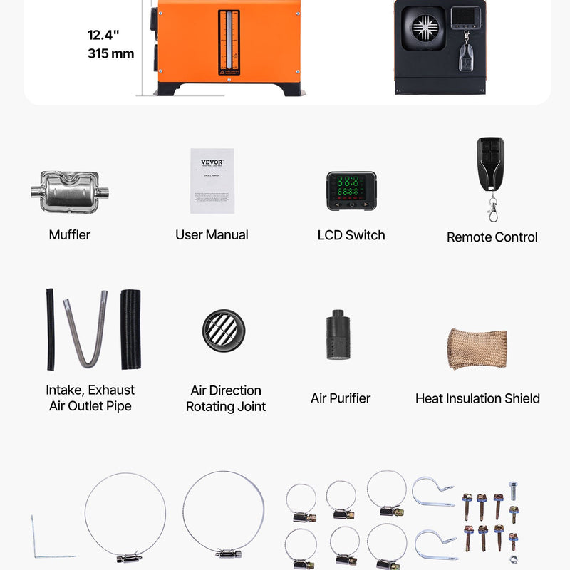Dīzeļdegvielas gaisa sildītājs 8 kW, DC 12-24 V, portatīvs ātrās uzsildes sildītājs ar tālvadības pulti un kvadrātveida krāsainu digitālo displeju, zema trokšņa līmeņa, piemērots kemperiem, kravas automašīnām, laivām un piekabēm