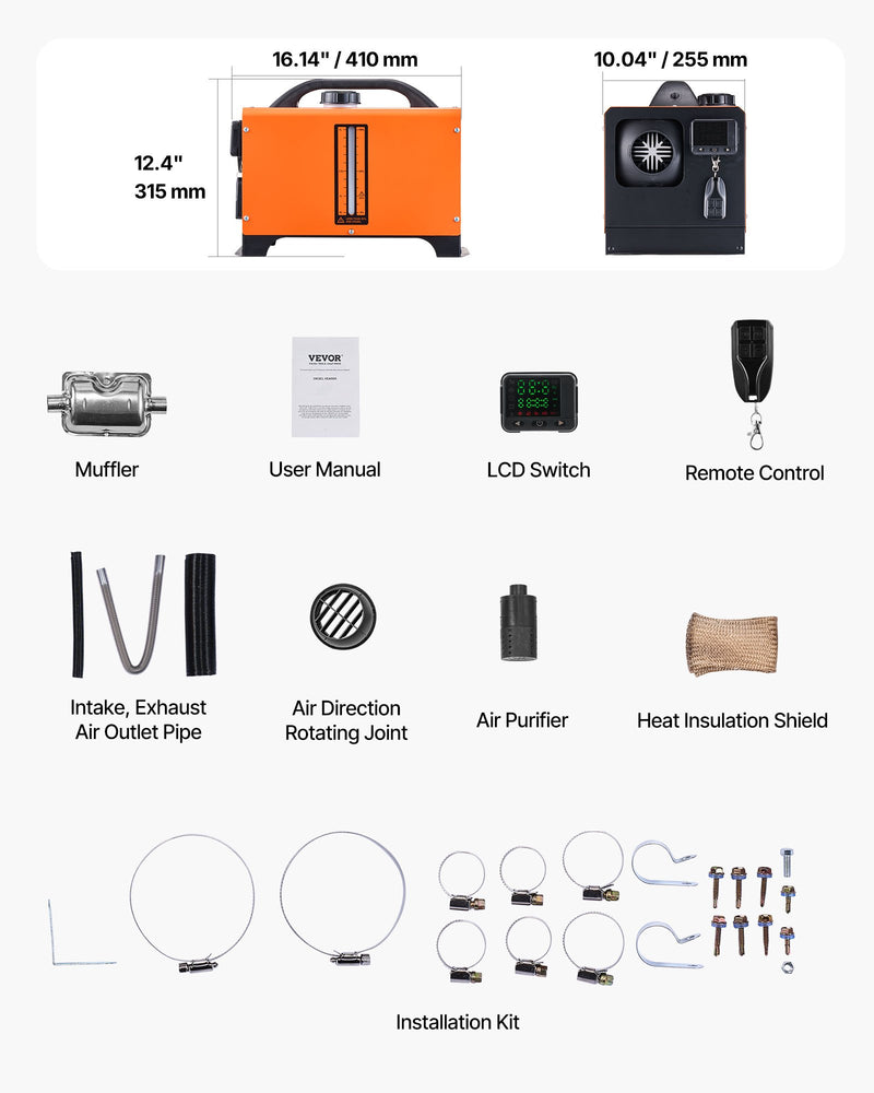Dīzeļdegvielas gaisa sildītājs 8 kW, DC 12–24 V, portatīvs ātrās uzsildes sildītājs ar tālvadības pulti un kvadrātveida krāsainu digitālo displeju, zema trokšņa līmeņa, piemērots kemperiem, kravas automašīnām, laivām un piekabēm