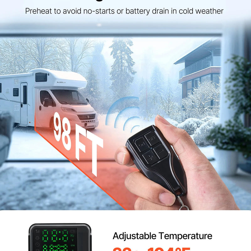 Dīzeļgaisa sildītājs 8 kW, 12–24 V, ātras uzsildīšanas autostāvvietas sildītājs ar tālvadības pulti un krāsu displeju, zems trokšņu līmenis, balss paziņojumi, piemērots kemperiem, kravas automašīnām, furgoniem, laivām un piekabēm