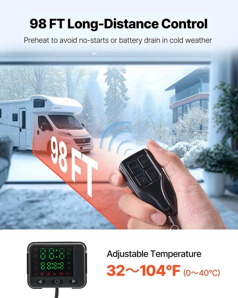 Dīzeļgaisa sildītājs 8 kW, 12–24 V, ātras uzsildīšanas autostāvvietas sildītājs ar tālvadības pulti un krāsu displeju, zems trokšņu līmenis, balss paziņojumi, piemērots kemperiem, kravas automašīnām, furgoniem, laivām un piekabēm