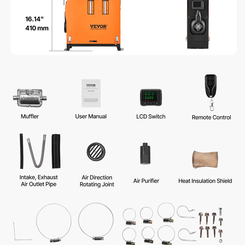 Dīzeļgaisa sildītājs 8 kW, 12–24 V, ātras uzsildīšanas autostāvvietas sildītājs ar tālvadības pulti un krāsu displeju, zems trokšņu līmenis, balss paziņojumi, piemērots kemperiem, kravas automašīnām, furgoniem, laivām un piekabēm