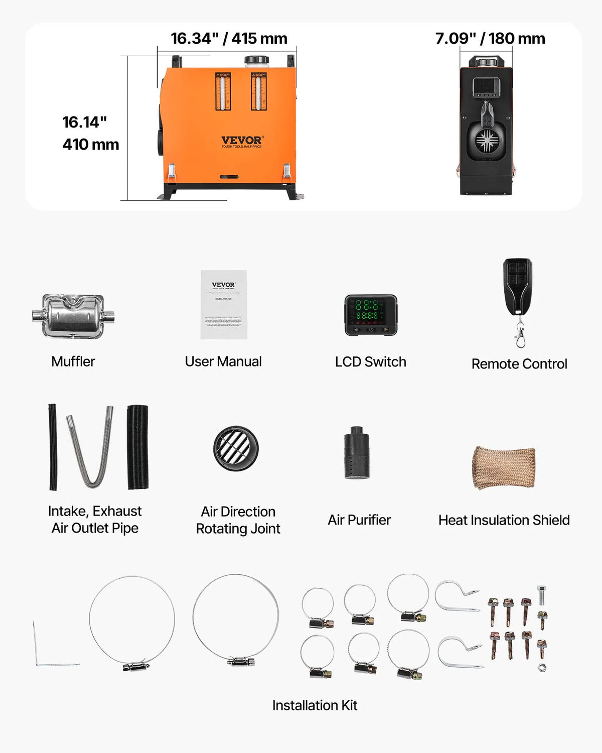 12V/24V 8 kW VEVOR Built-in Diesel Heater – Colour Display, Remote Control, Voice Alerts