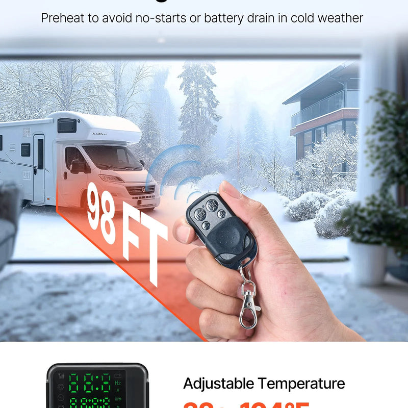 VEVOR dīzeļdegvielas gaisa sildītājs 8 kW, 12-24 V, ar melnu LCD vadības paneli un tālvadības pulti, ātrās uzsildīšanas un priekšsildīšanas funkcija, zems trokšņa līmenis, piemērots kemperiem, kravas auto, furgoniem, piekabēm un laivām