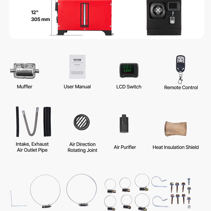 VEVOR dīzeļdegvielas gaisa sildītājs 8 kW, 12-24 V, ar melnu LCD vadības paneli un tālvadības pulti, ātrās uzsildīšanas un priekšsildīšanas funkcija, zems trokšņa līmenis, piemērots kemperiem, kravas auto, furgoniem, piekabēm un laivām