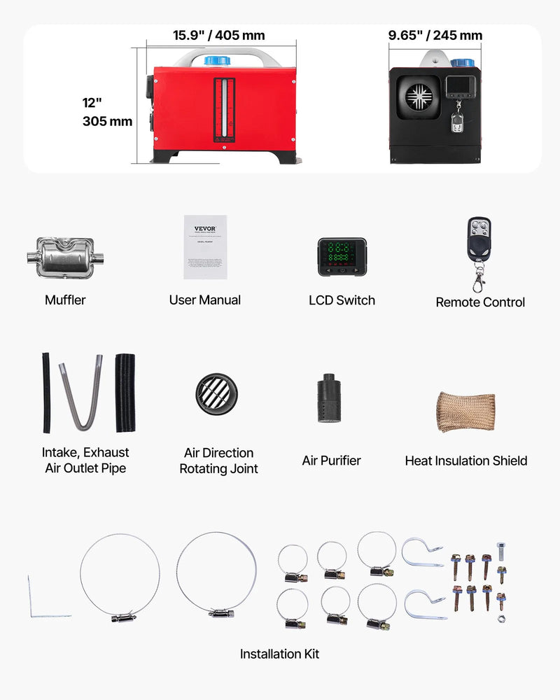 VEVOR dīzeļdegvielas gaisa sildītājs 8 kW, 12-24 V, ar melnu LCD vadības paneli un tālvadības pulti, ātrās uzsildīšanas un priekšsildīšanas funkcija, zems trokšņa līmenis, piemērots kemperiem, kravas auto, furgoniem, piekabēm un laivām