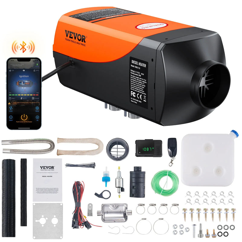 VEVOR dīzeļdegvielas gaisa sildītājs ar Bluetooth lietotnes vadību, 12 V 2 kW dīzeļsildītājs ar automātisku augstuma pielāgošanu, tālvadības pulti un LCD displeju, dīzeļdegvielas stāvvietas sildītājs kemperiem, treileriem, furgoniem un laivām
