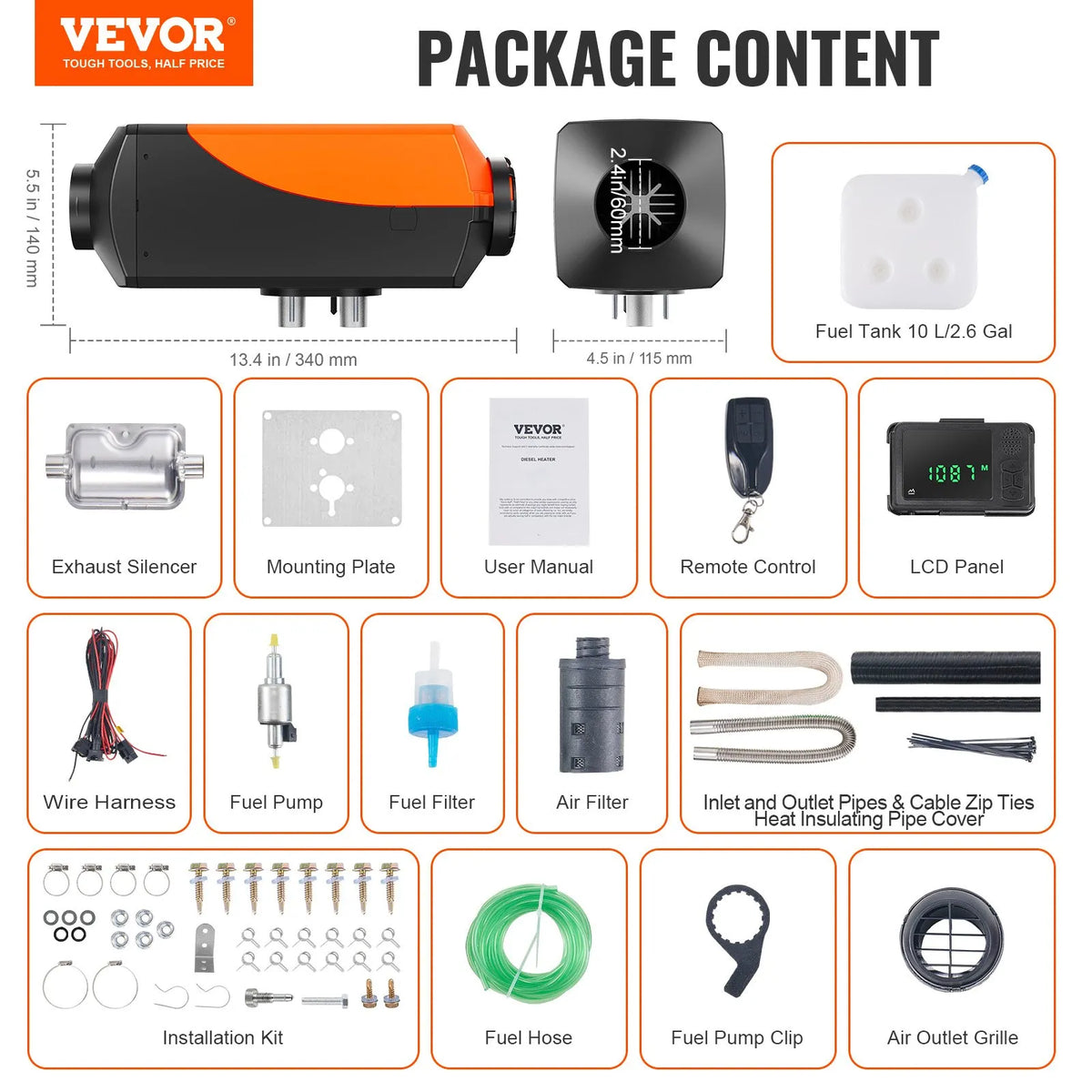 12V 2 kW VEVOR Built-in Diesel Heater – Bluetooth App, Remote Control, LCD