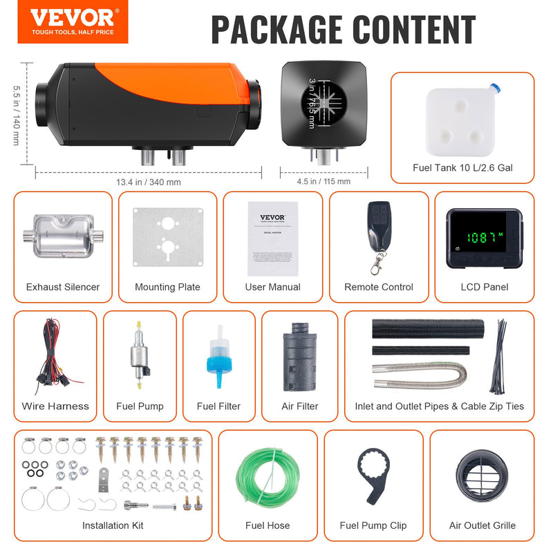 12V 2kW VEVOR dīzeļdegvielas gaisa sildītājs ar LCD displeju un tālvadības pulti automašīnām, autobusiem, treileriem un iekštelpām