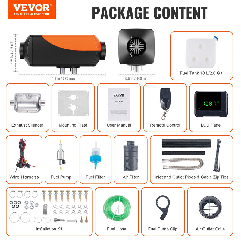 12V 5kW VEVOR dīzeļdegvielas gaisa sildītājs ar LCD displeju un tālvadības pulti automašīnām, autobusiem, treileriem un iekštelpām