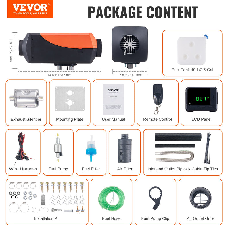 VEVOR 12V 8KW dīzeļa gaisa sildītājs ar LCD displeju un tālvadības pulti: automobiļiem, autobusiem, kemperiem un iekštelpām