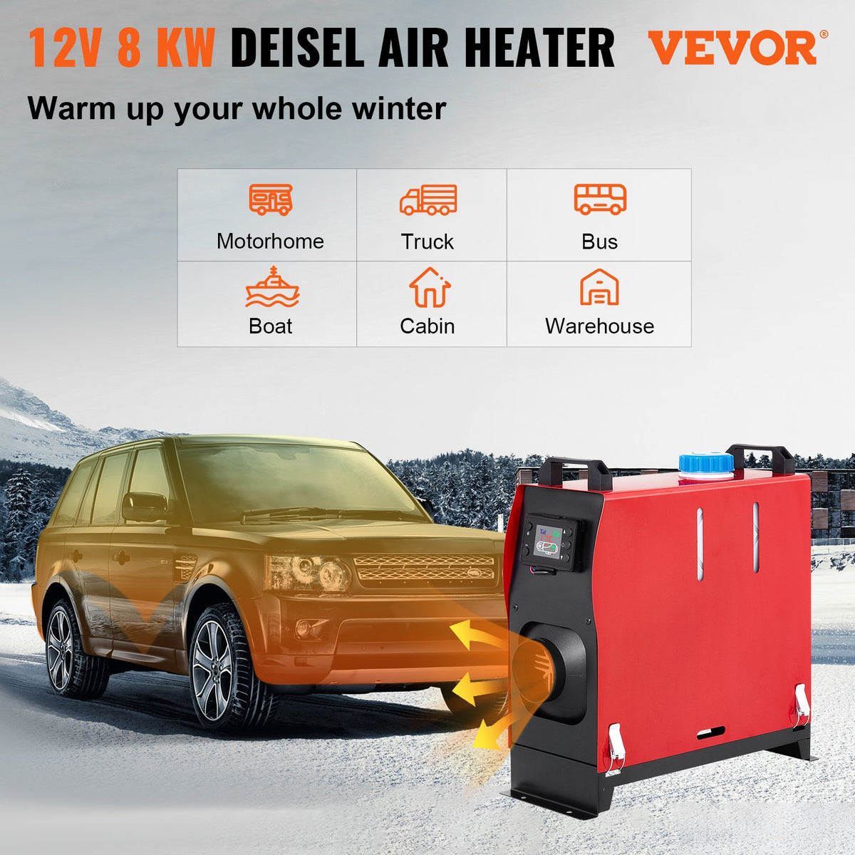 12V 8 kW VEVOR iebūvējamā dīzeļa krāsniņa – LCD slēdzis, skaņas slāpētājs