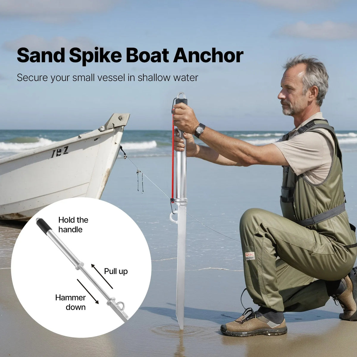 VEVOR Sand Anchor for Boats, 90 cm Sliding Beach Anchor Spike, Galvanised Carbon Steel Boat Beach Anchor, Designed for Shallow Water and Beaches, for Securing Jet Skis, PWC, Pontoons and Kayaks in Sand and Shallows