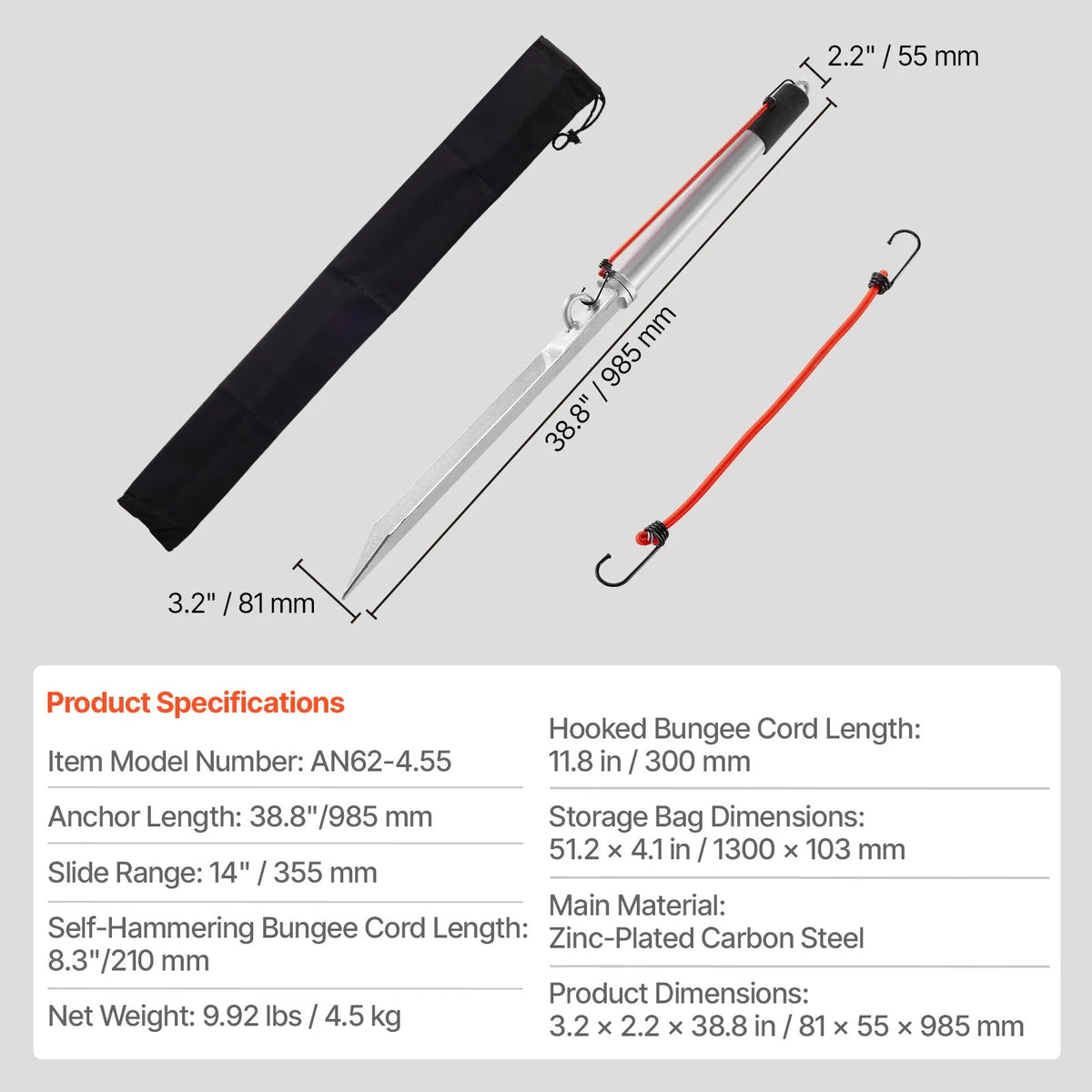 VEVOR Sand Anchor for Boats, 90 cm Sliding Beach Anchor Spike, Galvanised Carbon Steel Boat Beach Anchor, Designed for Shallow Water and Beaches, for Securing Jet Skis, PWC, Pontoons and Kayaks in Sand and Shallows