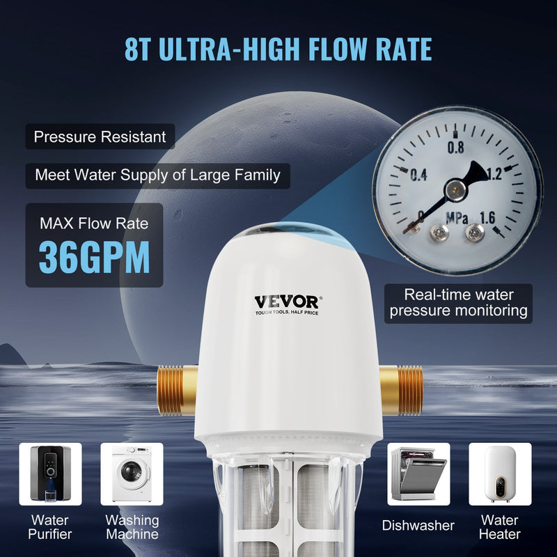 VEVOR 40 µm spin-down nogulšņu filtrs, 25,4 mm G-M + 31,75 mm G-M, 8 m³/h, urbumu un mājas ūdens filtrācijai