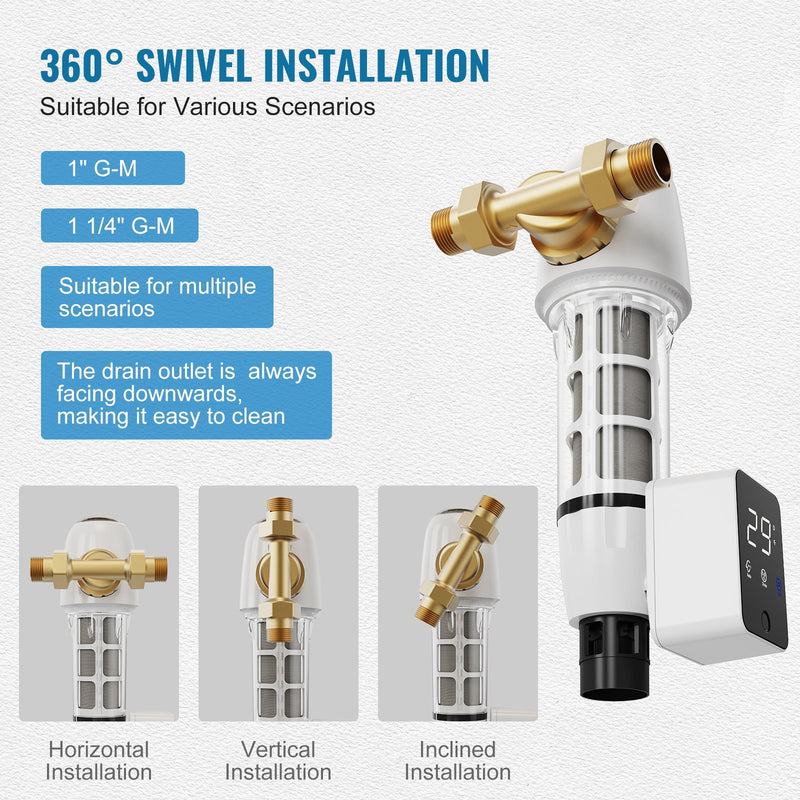 VEVOR 40 µm spin-down nogulšņu filtrs, 25,4 mm G-M + 31,75 mm G-M, 8 m³/h, urbumu un mājas ūdens filtrācijai