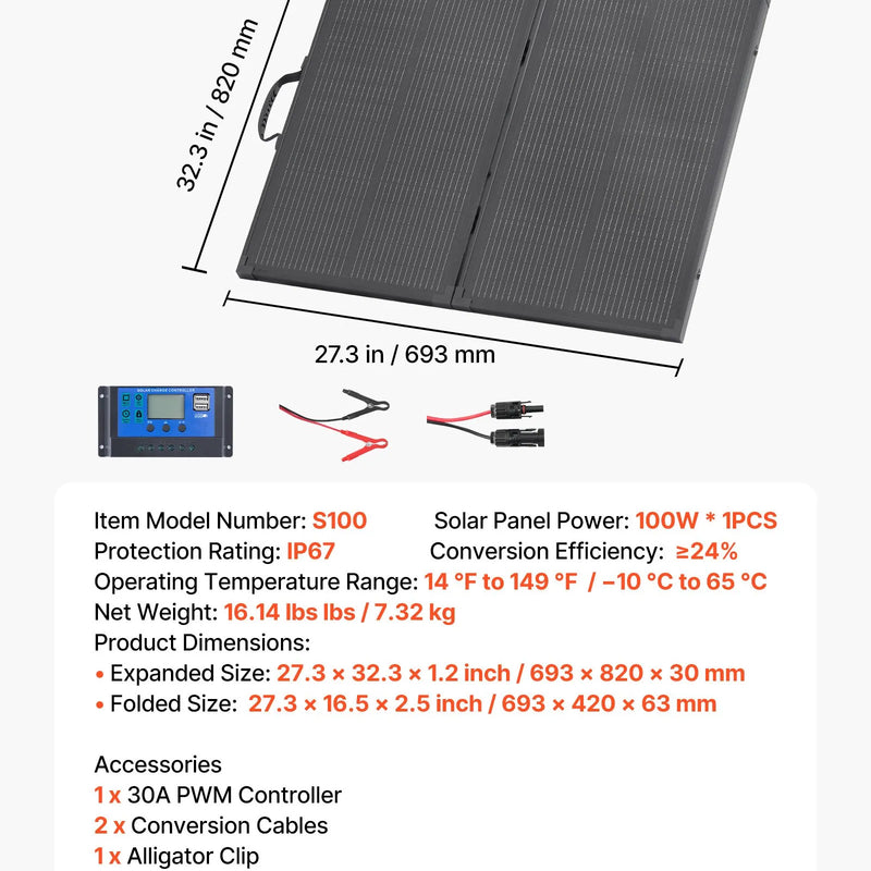 VEVOR salokāms saules panelis ar rāmi 100 W, N tipa monokristālisks 16BB ar 24% efektivitāti, IP67 ūdensizturīgs ar 30 A PWM kontrolieri un MC4 izvadi, piemērots kempingam, pārgājieniem un RV ceļojumiem - ZEMLETES.LV