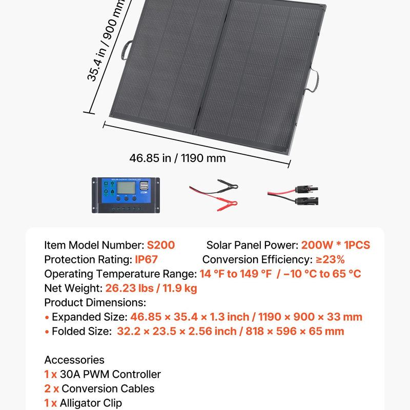VEVOR salokāms monokristāliskais saules panelis ar rāmi, 200 W, 23 % efektivitāte, 30 A PWM kontrolieris, MC4 savienojums, IP67, kempingam un ceļojumiem