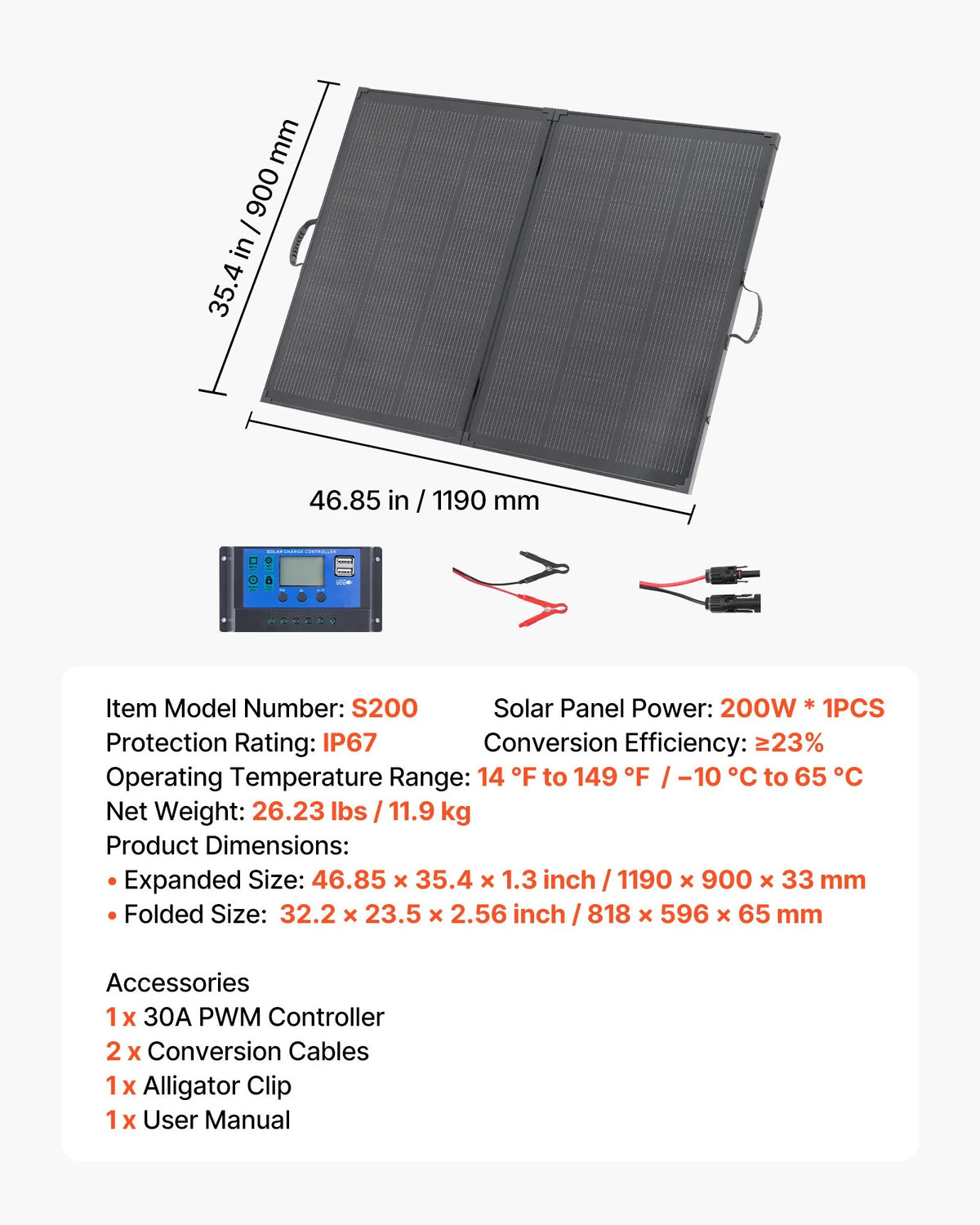 VEVOR raamiga paigaldatav monokristalliline päikesepaneel, 200 W, kasutegur 23 %, 30 A PWM-kontroller, MC4-ühendus, IP67, telkimiseks ja reisimiseks