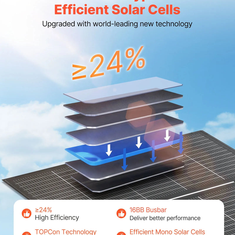 VEVOR 400 W salokāms saules panelis ar rāmi, N tipa monokristālisks 16BB panelis ar 24 % efektivitāti, IP67 ūdensizturīgs, MC4 izvade un 10-in-1 DC adapteris elektrostacijām, kempingam un pārgājieniem