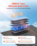 VEVOR 400 W salokāms saules panelis ar rāmi, N tipa monokristālisks 16BB panelis ar 24 % efektivitāti, IP67 ūdensizturīgs, MC4 izvade un 10-in-1 DC adapteris elektrostacijām, kempingam un pārgājieniem