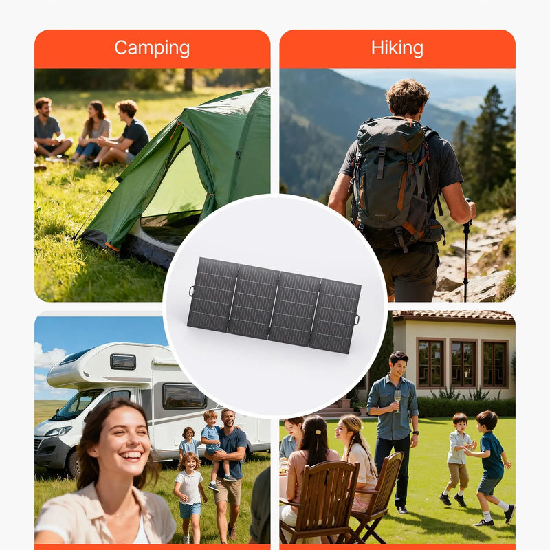 VEVOR 400 W salokāms saules panelis ar rāmi, N tipa monokristālisks 16BB panelis ar 24 % efektivitāti, IP67 ūdensizturīgs, MC4 izvade un 10-in-1 DC adapteris elektrostacijām, kempingam un pārgājieniem