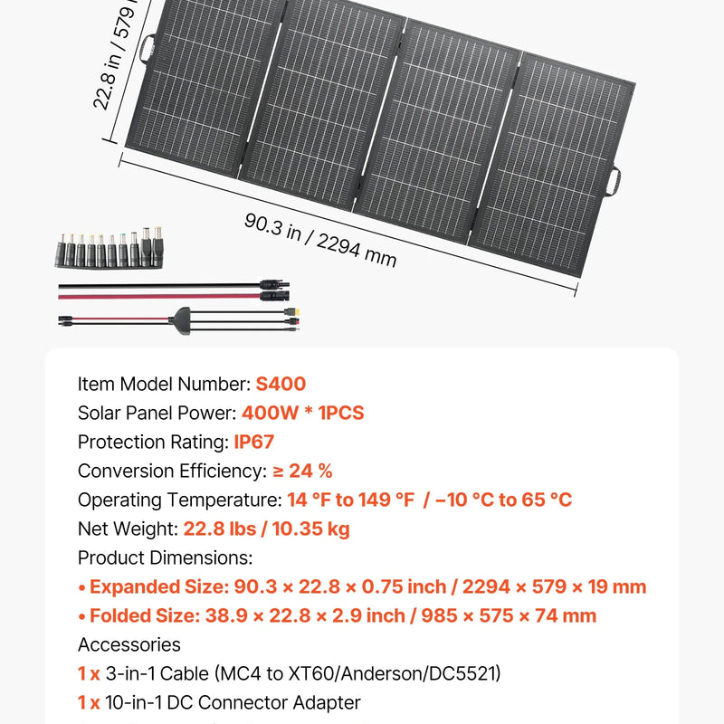 VEVOR 400 W salokāms saules panelis ar rāmi, N tipa monokristālisks 16BB panelis ar 24 % efektivitāti, IP67 ūdensizturīgs, MC4 izvade un 10-in-1 DC adapteris elektrostacijām, kempingam un pārgājieniem
